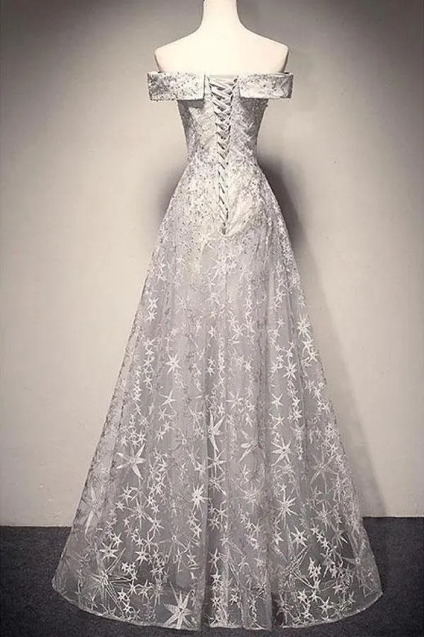 A Line Light Grey Off Shoulder Long Lace Prom Dresses TP0162