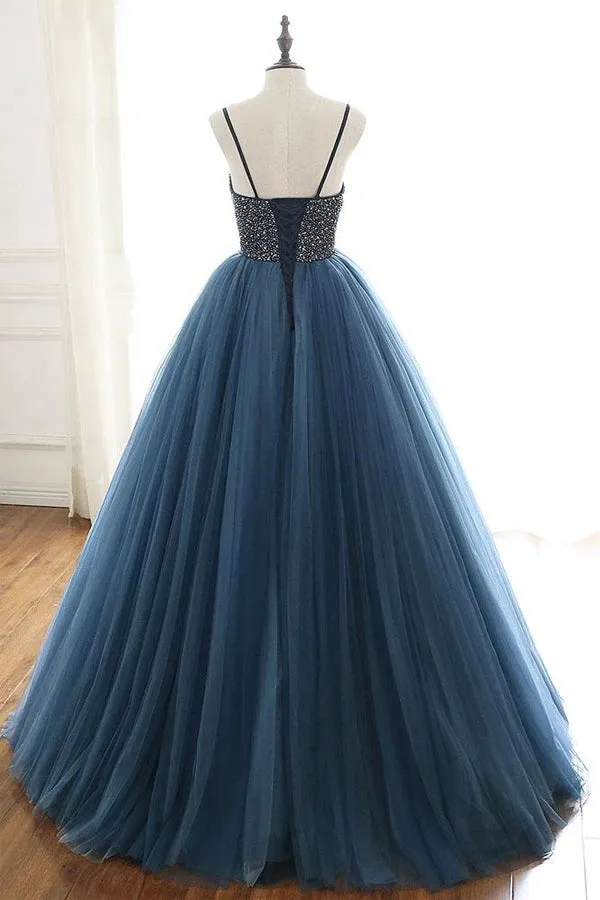Ball Gown Blue Tulle Spaghetti Straps Prom Dress Evening Dress With Beading OKU4