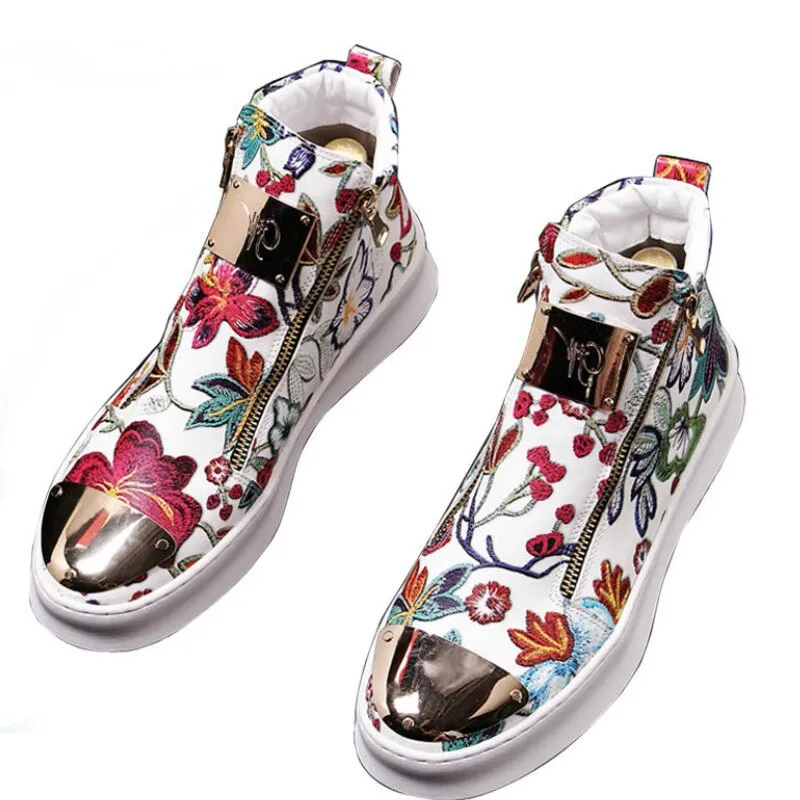 British Men Trendy flowers zipper Casual Flats high tops Shoes