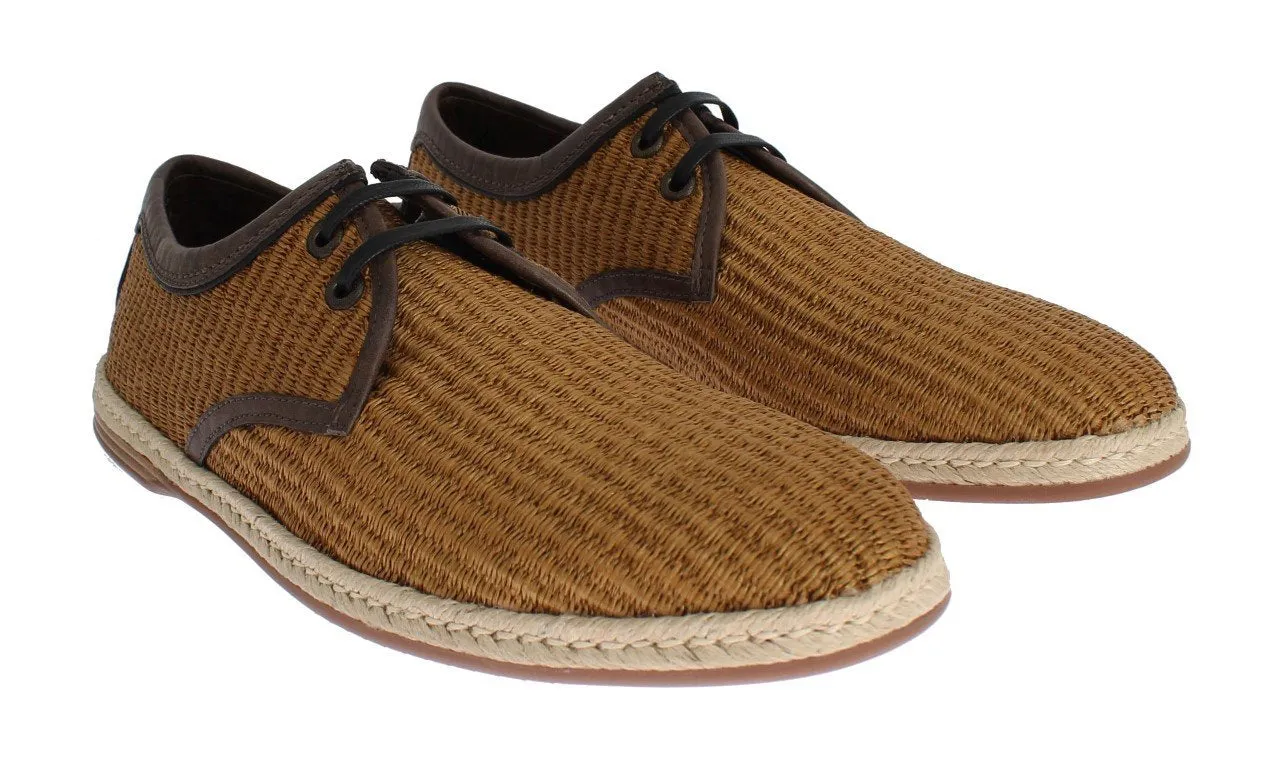 Brown Woven Raffia Leather Laceup Shoes