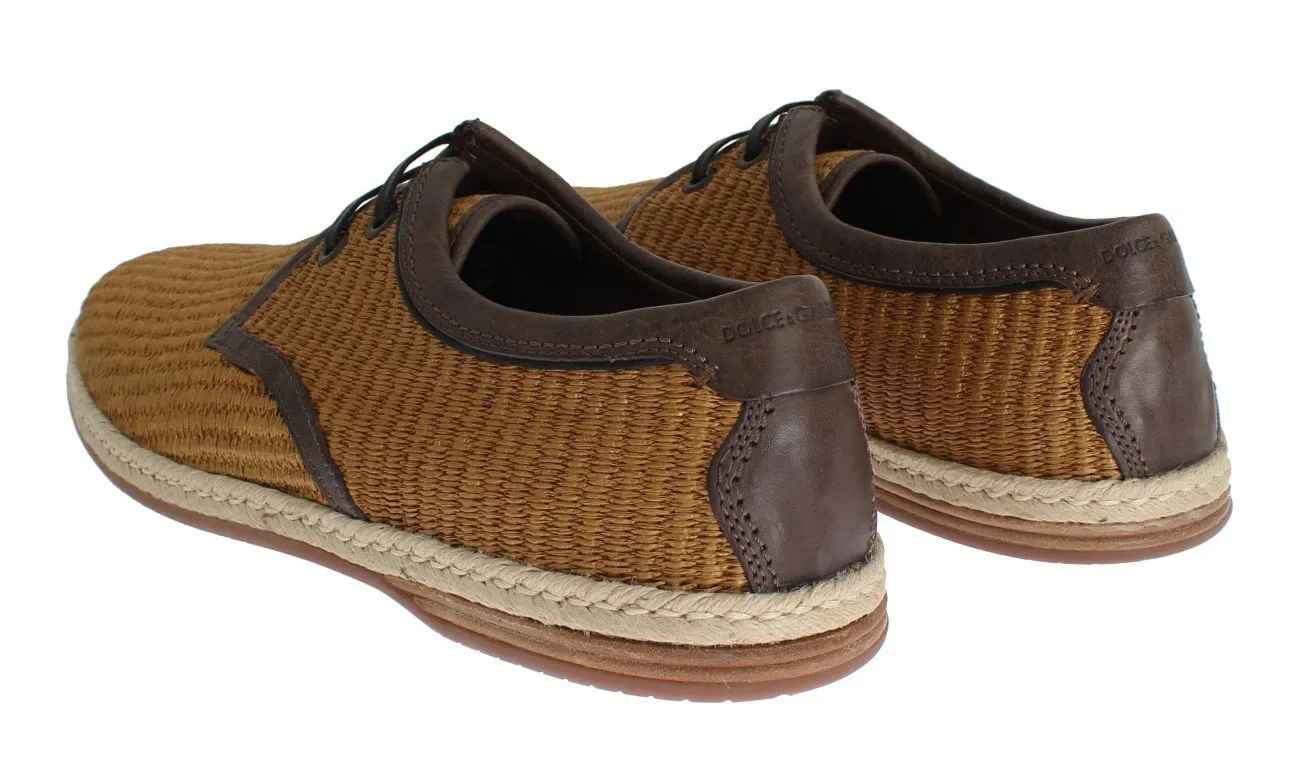 Brown Woven Raffia Leather Laceup Shoes