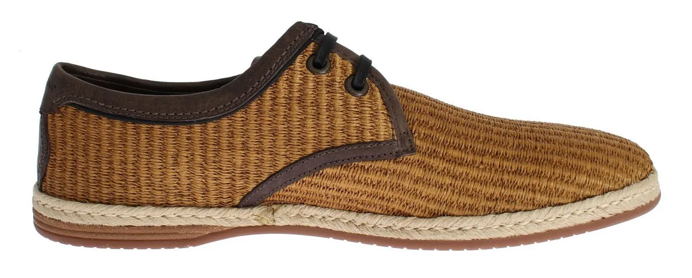 Brown Woven Raffia Leather Laceup Shoes