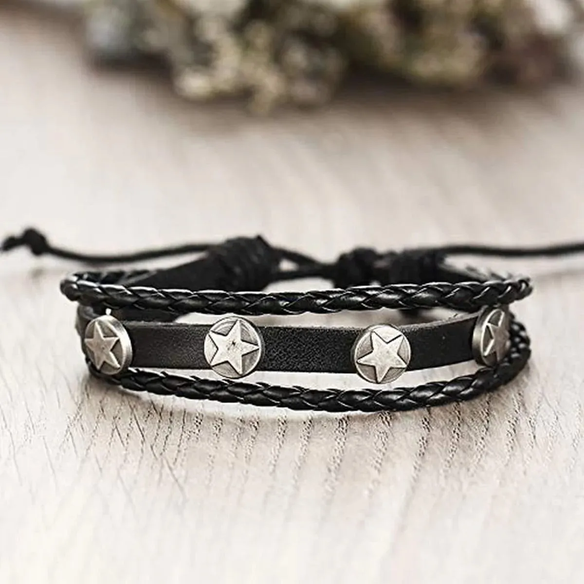 Casual Party Wear Black Leather Wraps Bracelets for Men
