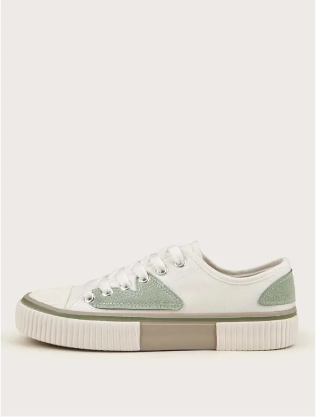 Color Block Lace-up Front Sneakers - White & Green