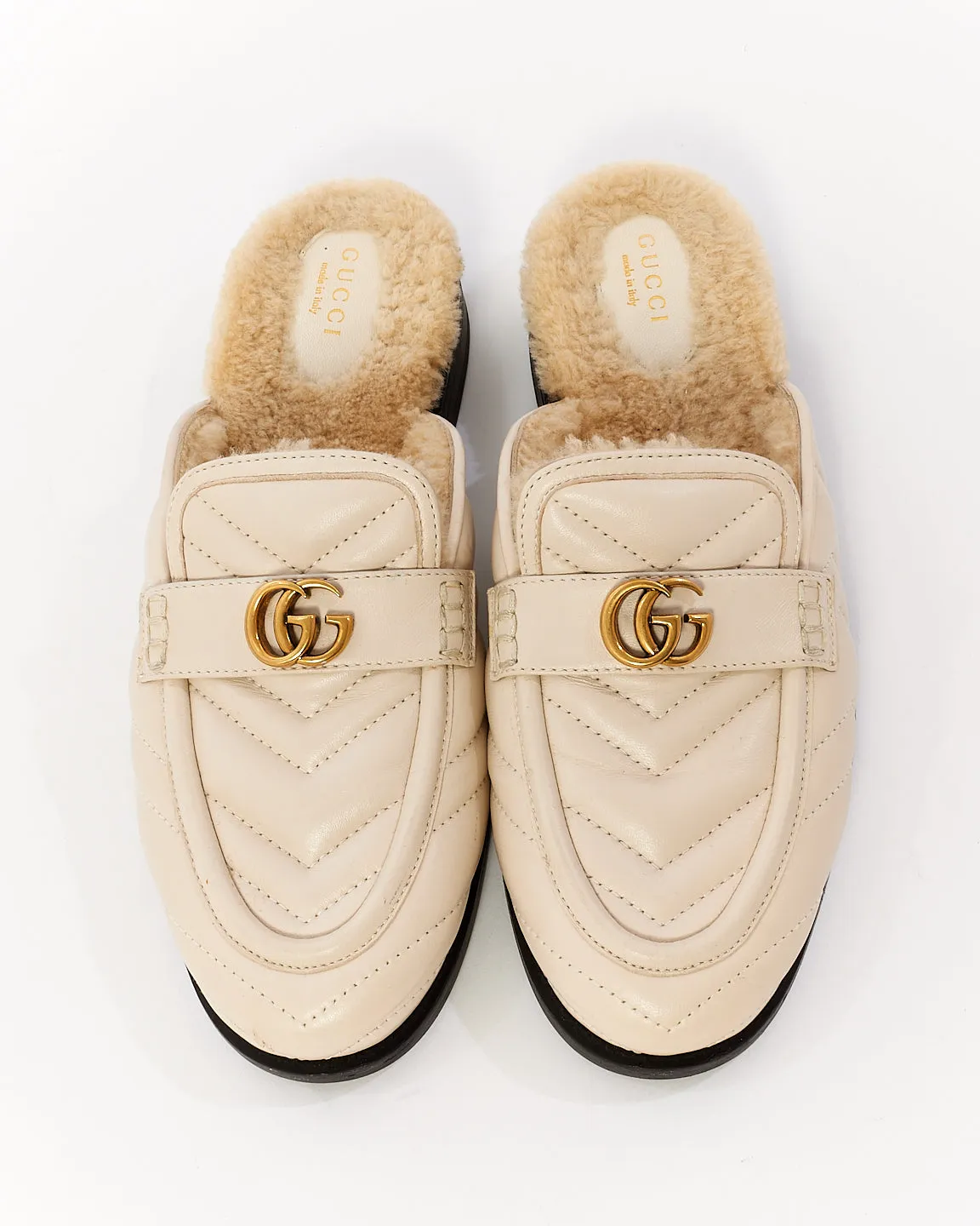 Gucci White Matelassé Leather Marmont GG Nappa Charlotte Shearling Slides - 38
