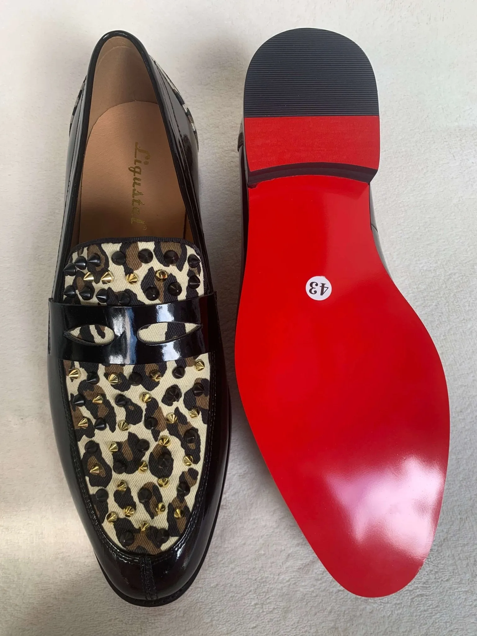 Leopard horse hair Spikes Mens Loafers Red Bottom