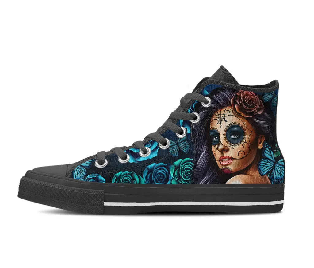 Mens Calavera Tattoo Girl Canvas High Tops (Select Size and Color)