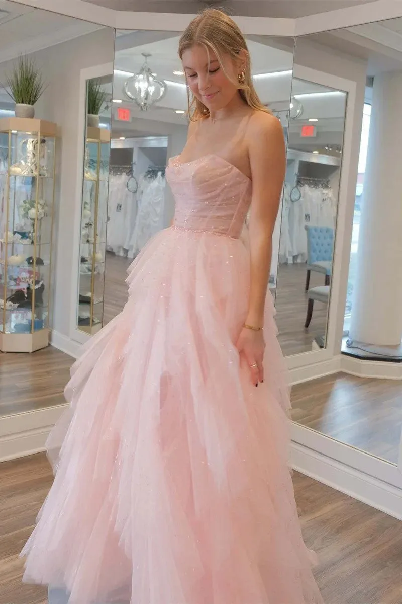 Strapless Light Pink Sequin Beaded Tulle Sparkly Prom Dress TP1259
