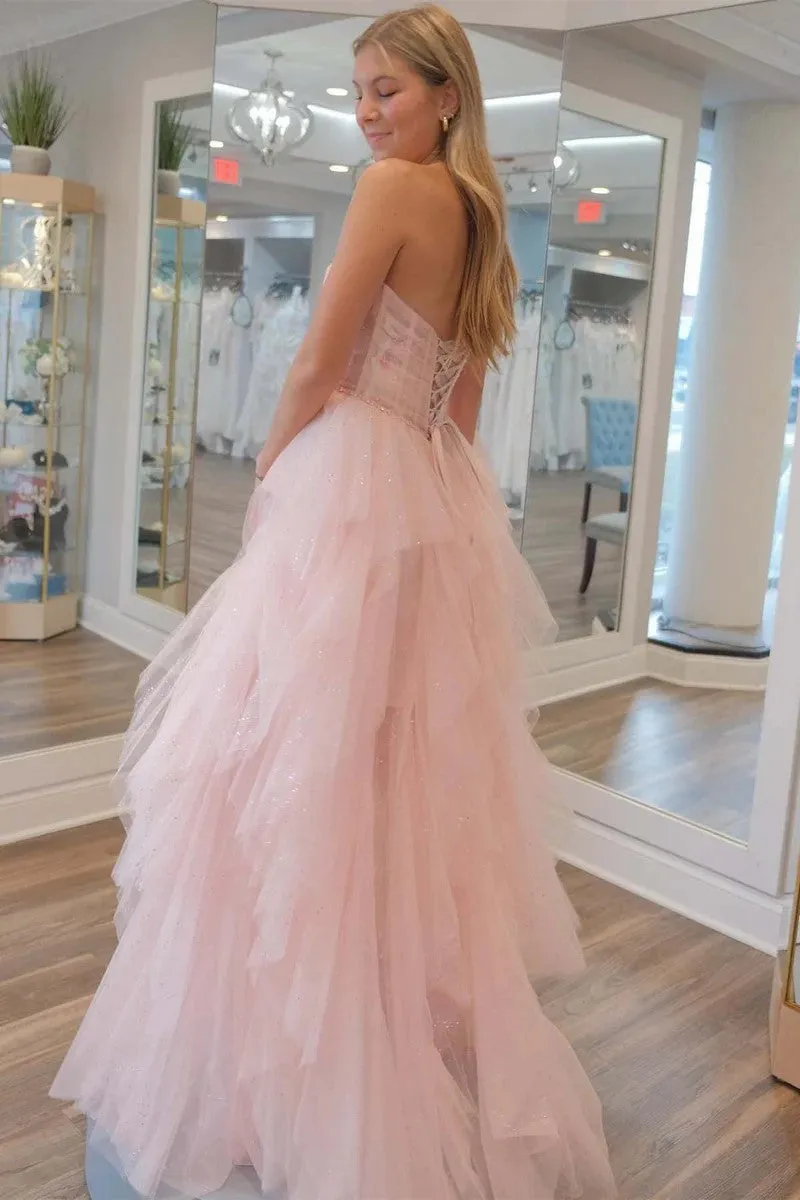 Strapless Light Pink Sequin Beaded Tulle Sparkly Prom Dress TP1259