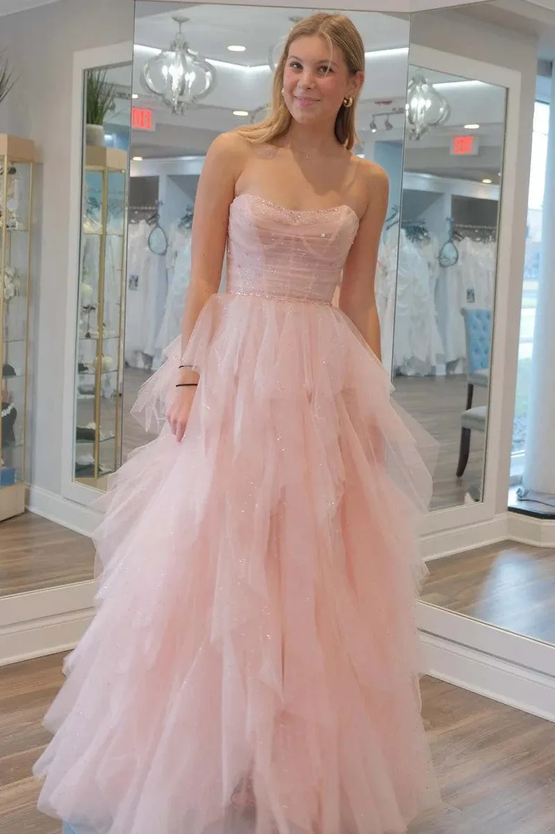 Strapless Light Pink Sequin Beaded Tulle Sparkly Prom Dress TP1259