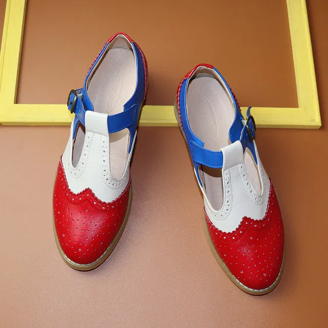 Women Oxford Brogues Shoes Genuine Leather Buckle